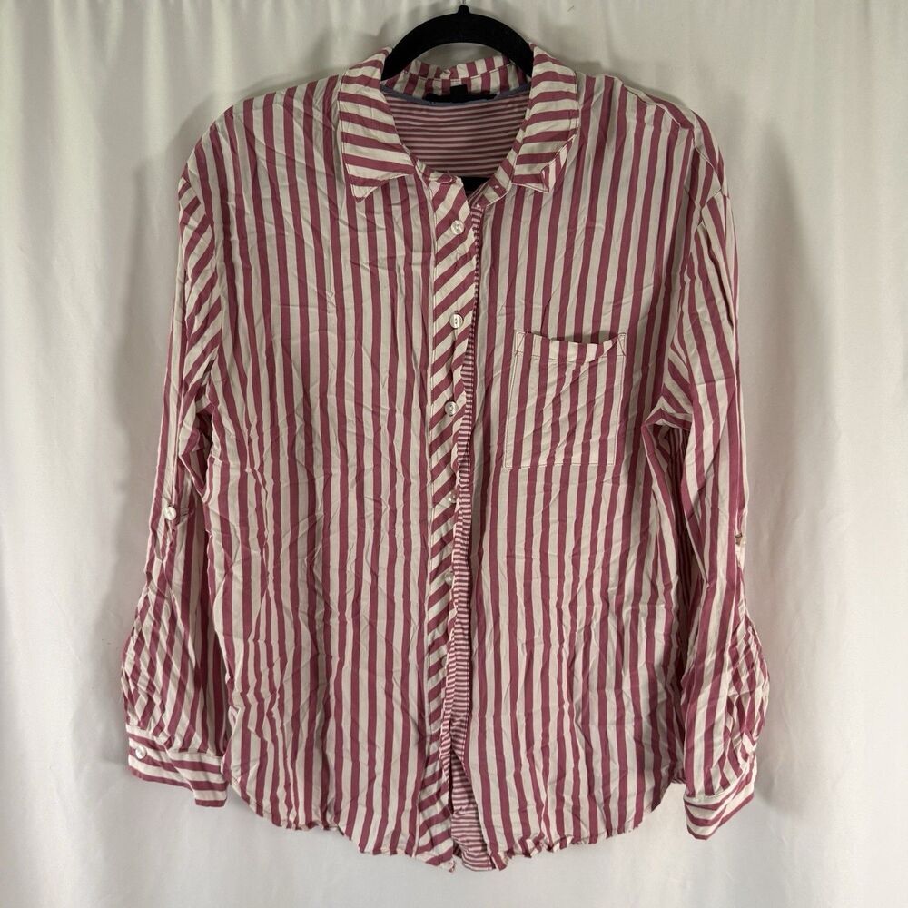 Jane Delancey Blouse Women's Large Purple White Striped Button Up Long Sleeve